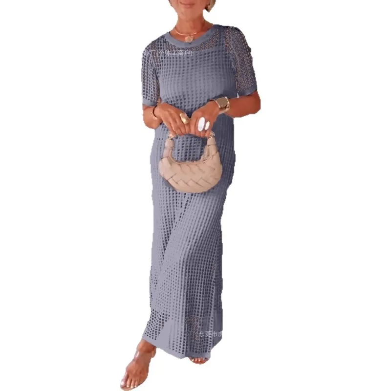 

2026 New Streetwear Women's Round-neck Hollow Dress Two-piece Set Summer Elegant Short-sleeve Mid-waist Comfortable Casual Dress