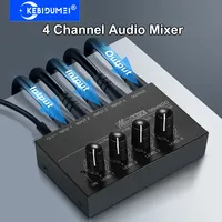 4 Channel Line Mixer Mini Sound Mixer DC 12V Easy Operation Audio Mixer Ultra Low Noise 4 Input 1 Output with Power Adapter