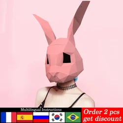 Rabbit Animal Gold Mask Paper Model,3D Papercraft Bunny Girl Costume ,Handmade DIY Craft, Pre-Cut, Pink and White, RTY176