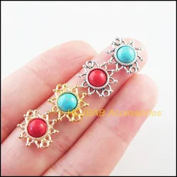Fashion 20Pcs Retro Gold Color Tibetan Silver Tone Sun Flower Round Blue&Red Stone Charms Connectors 14x15mm