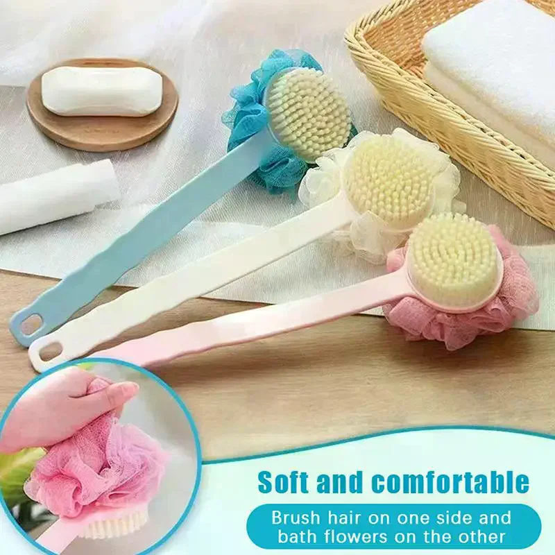 Soft Loofah And Bristles Bath Body Brush For Women And Men - Curved Long Handled Shower Brush For Body, Face, And Spa Washing