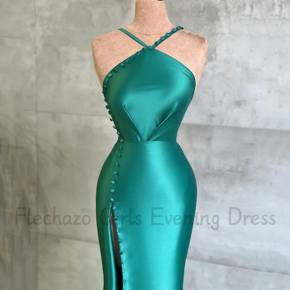 Flechazo Sexy High Side Slit Evening Dress Halter Sleeveless Mermaid Floor Length with Buttons Women Party Banquet Gowns