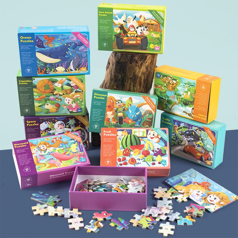 60 sztuk papierowe puzzle Cartoon zwierząt przestrzeń owoce układanka dla dzieci nauka gry edukacyjne zabawki dla dzieci puzzle Montessori