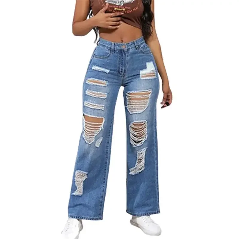 Vintage gebrochene Löcher aushöhlen gerade Jeans Frauen hohe Taille Jeans hose lässige Streetwear weibliche Pendler weites Bein Hosen