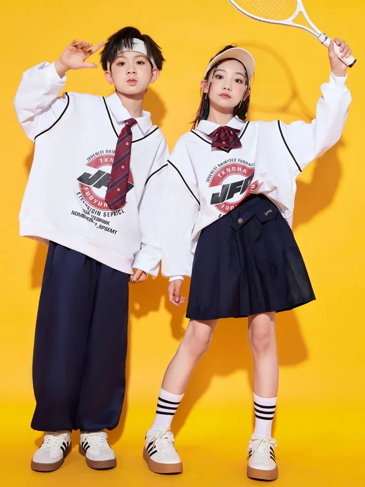 Jungen Hip Hop Kleidung College Stil gefälschte zweiteilige Top Marine Hosen Rock für Mädchen Kinder Jazz Dance Kostüm Kleidung Set