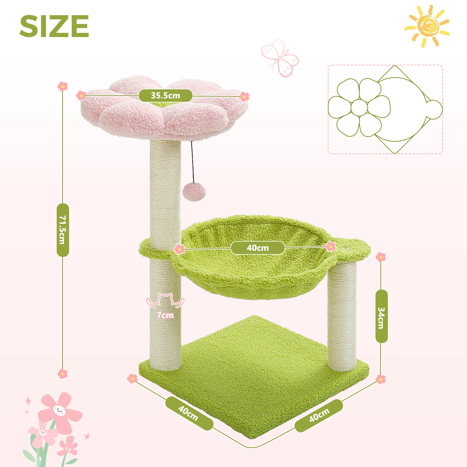 شجرة القط زهرة مع عمود خدش السيزال أرجوحة كبيرة لينة أعلى جثم برج القط الصغيرة للداخلية لطيف القط خدش هريرة لعبة