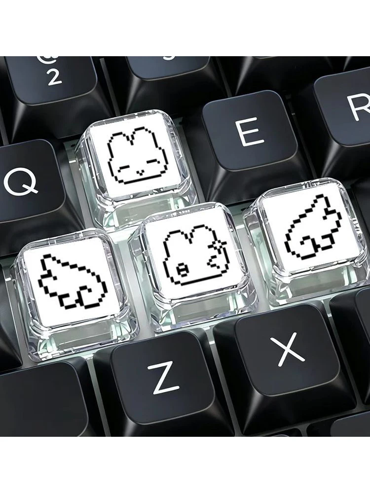 Neues Pixel Niedliches Hasen-Ausdrucks-Tastenkappenset für Mechanische Tastaturen Tastenkappen Tastaturdekoration Transparent Personalisiert