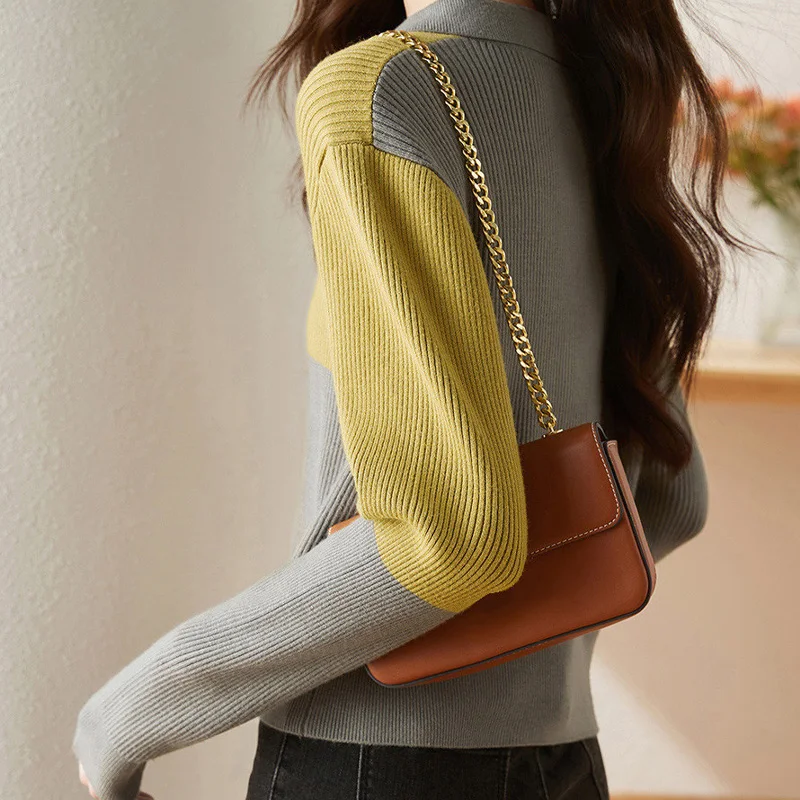 2023 Spring Autumn New Fashion POLO Collar Long Sleeve Sweater Women High Street Contrast Color Casual Zipper All-match Cardigan