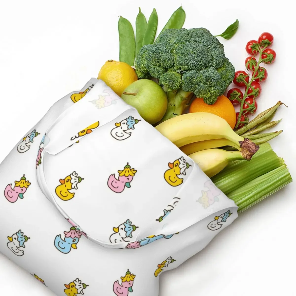 

Custom Cartoon Duck Daisy Flower Groceries Shopping Bags Canvas Shopper Tote Shoulder Bags Large Capacity Washable Handbag