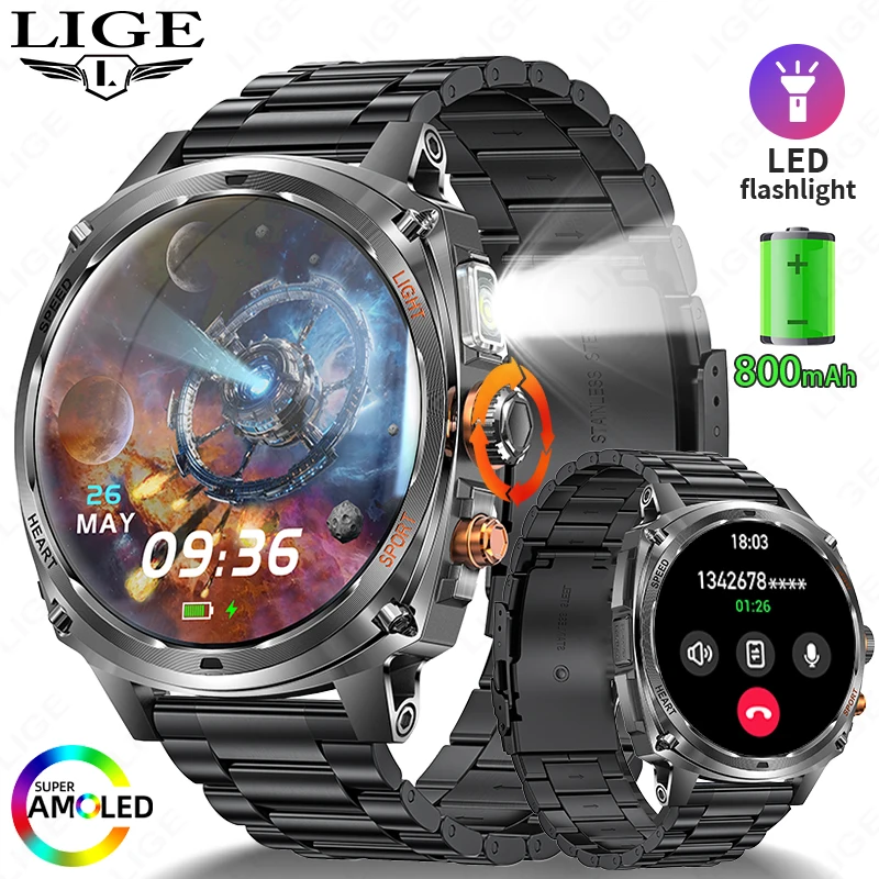 LIGE جديد 1.75 في الهواء الطلق العسكرية رجل ساعة ذكية الرجال بلوتوث دعوة Smartwatch الرجال لنظام أندرويد IOS IP67 مقاوم للماء ساعات اللياقة البدنية