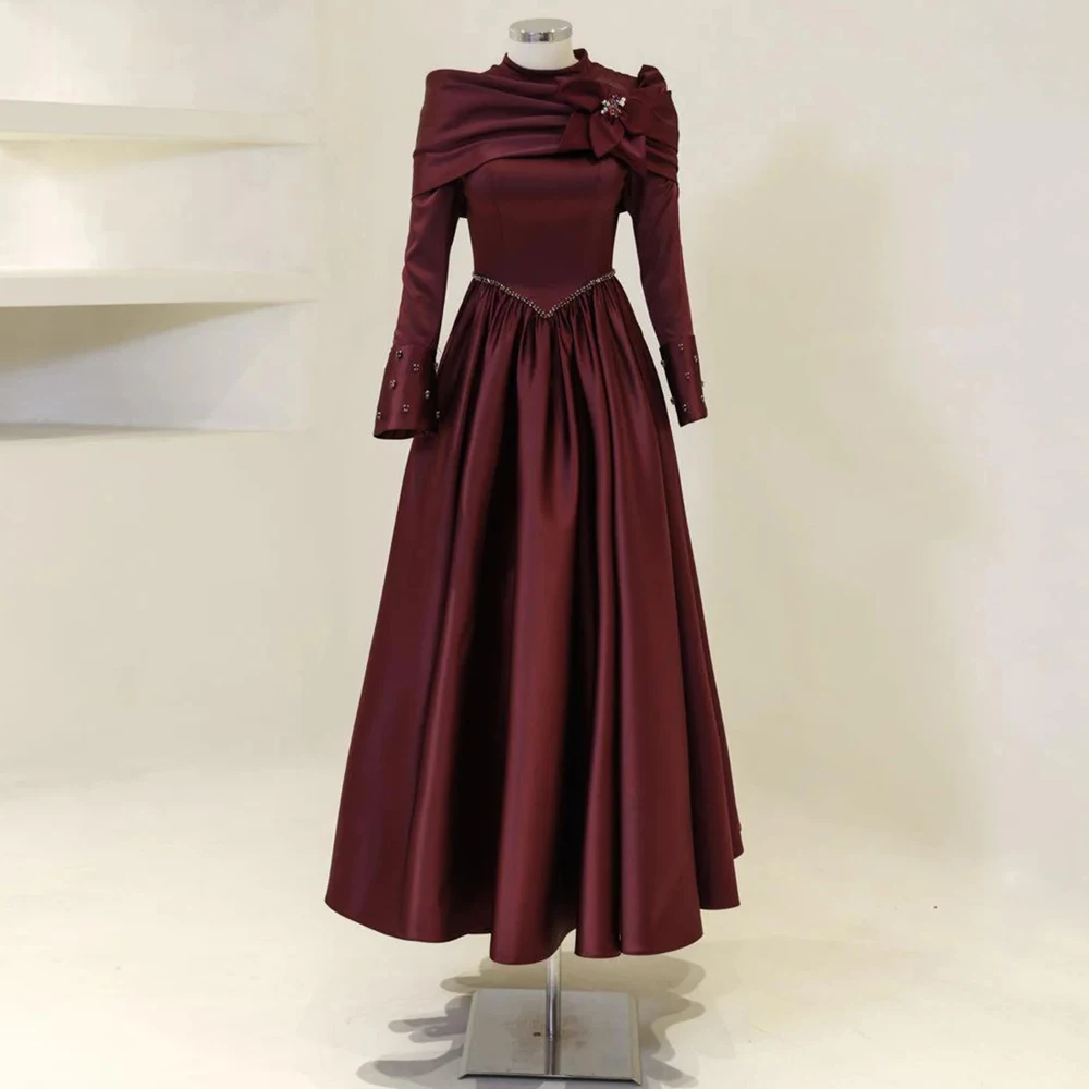 Arabisches Abendkleid, maßgeschneidert, lange Ärmel, hoher Kragen, volle Ärmel, Kristallstein, A-Linie, Satin, Abendkleid, formelle Kleider