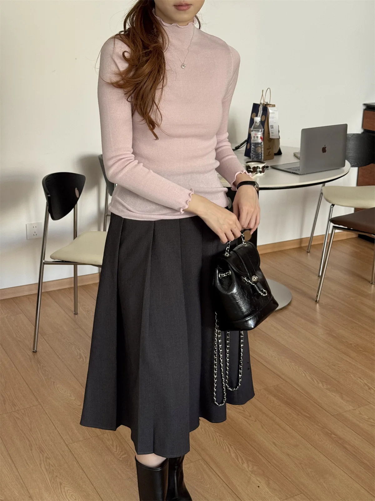 Sweter damski Dongda Gate, wielokolorowy, dzianinowy, wełniany, dopasowany, długi rękaw, stójka, do noszenia pod spód, prosty, elegancki.