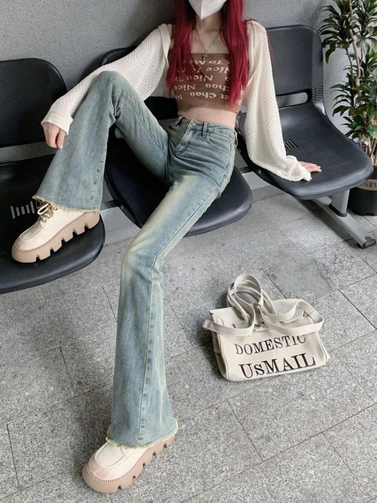 

Новые расклешенные джинсы женские винтажные Hotsweet универсальные осенние дизайнерские нежные индивидуальные нежные молодые простые повседневные стильные элегантные