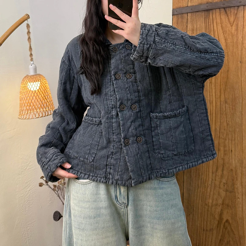 2025 New Arrival Winter Women Casual Double Breasted Long Sleeves Cotton Parkas Turn-down Collar Warm Thickened Coats H124