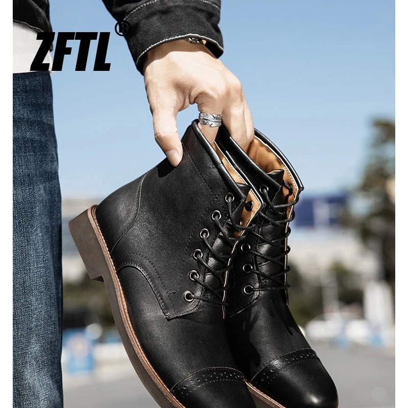 ZFTL Men\'s Basic Boots Vintage Ankle Boots Vintage Boots British high top shoes Hand Rubbed Color Work Boots Genuine Leather