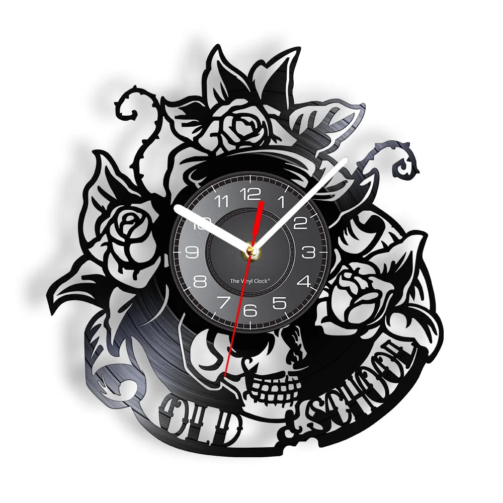 Old School Style Tattoo Studio Wall Clock Skull Flowers Roses Vinyl Record Clock Mute Watch Man Cave Home Decor Tattooist Gift