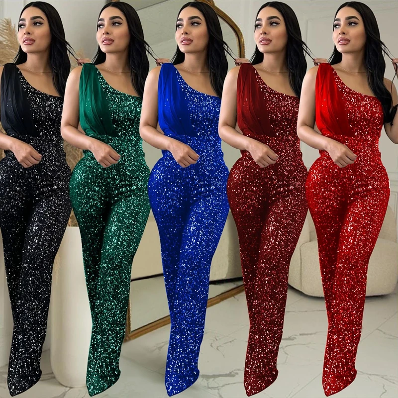 Sequin Jumpsuit Women One Piece Pants Autumn Winter Single Shoulder Ribbon Womens Overalls  Luxury Clothes Party Birthday Outfit