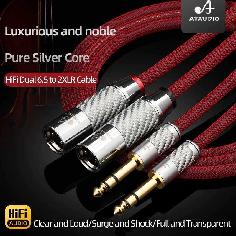 كابل صوت ATAUDIO HiFi 6.5 إلى XLR فضي نقي عالي الجودة مزدوج 6.5 مم TRS إلى 2XLR 3Pin قابس متوازن لميكروفون مكبر للصوت