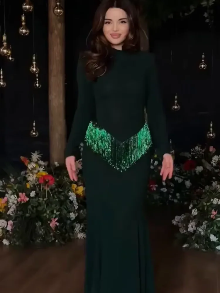 

Women Full Sleeve Fringe Maxi Dress Elegant Chic Full Sleeve High Waist Round Neck Slim Dresses 2026 Lady Evening Party Vestido