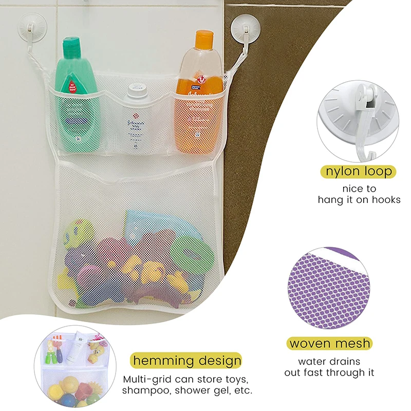 Doccia Giocattoli da bagno Bianco Rosa Maglia portaoggetti per giocattoli per bambini con forti ventose Borsa per giocattoli Organizzatore da bagno in rete per bambini piccoli