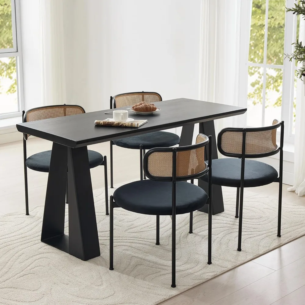 

4 Piece Rattan Dining Chair Set, Velvet Mid-Century Modern Upholstered Dining Chairs with Woven Rattan Backs