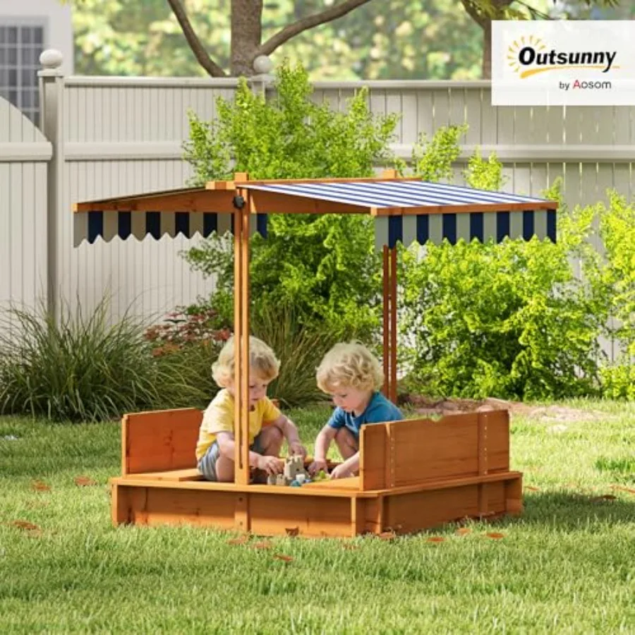 Outdoor wooden sandbox with lid and canopy, natural wood color, foldable bench seats and sand protection, includes bottom liner