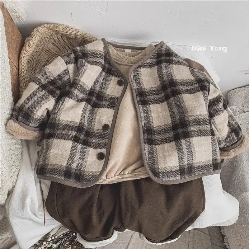 Boys Girls Woolen Plaid Children\'s Plus Velvet Coat Autumn and Winter New Outerwear Loose Cotton Coat Loungewear Outfit