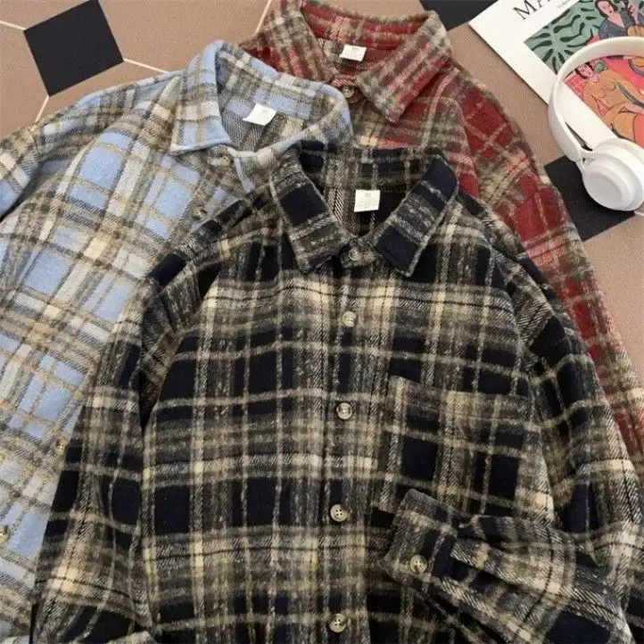 

Американская винтажная куртка с эффектом потертости и рваными краями, весенне-осенняя, в клетку, модная, индивидуальная, для пар, верхняя одежда