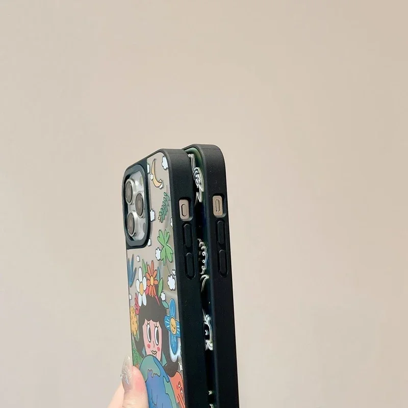 창의적인 환경 지구 거울 표면 맥세이프 블랙 테두리 휴대폰 케이스 커버, 아이폰 11, 12, 13, 14, 15, 16 프로 맥스 케이스