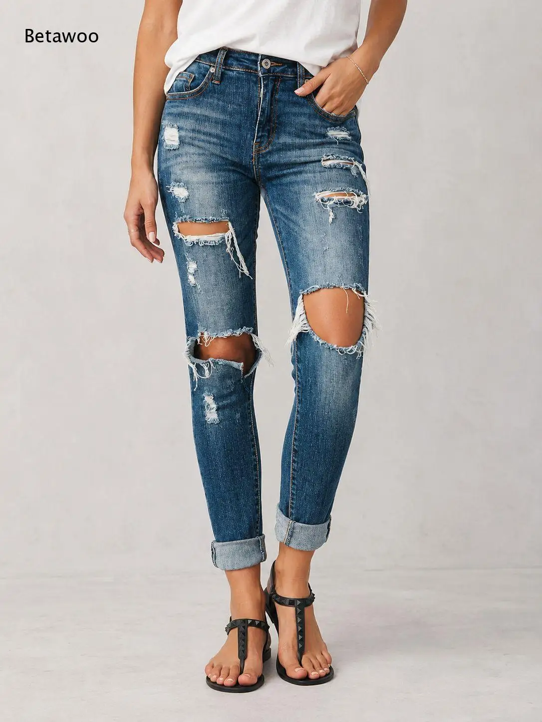 Women High Waist Distressed Ripped Skinny Jeans Cuffed Ankle Hem Pocket Stretch Denim Pants Street Daily Outfits