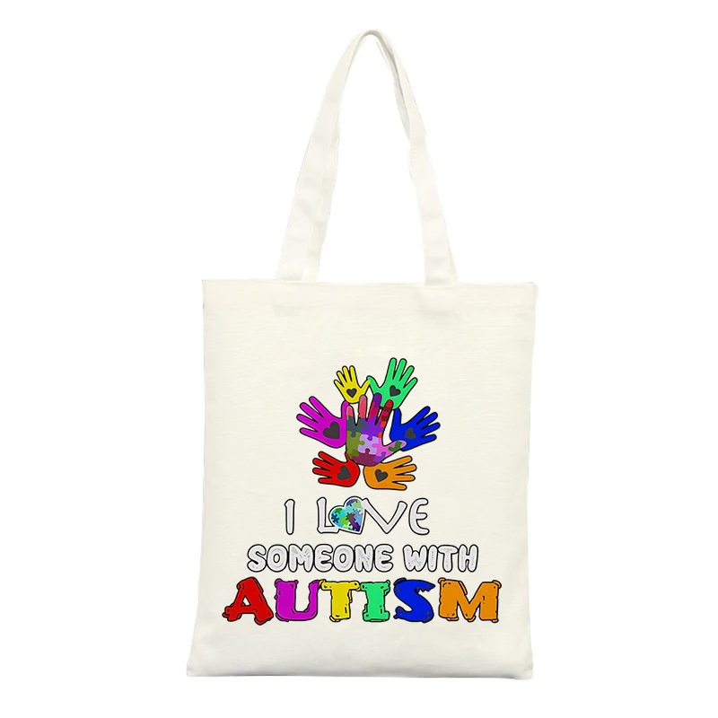 Canvas Tote Bag with Colorful Hand and Heart Graphics, Ideal for Casual Daily Use and Autism Awareness Support
