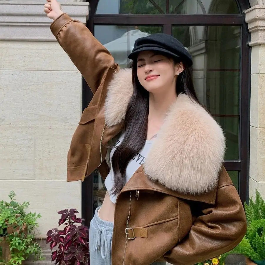 Autumn Winter Fur Collar Thick Warm Jacket Women Vintage Harajuku Parkas Faux Leather Coat Design High-end Outerwear Casual