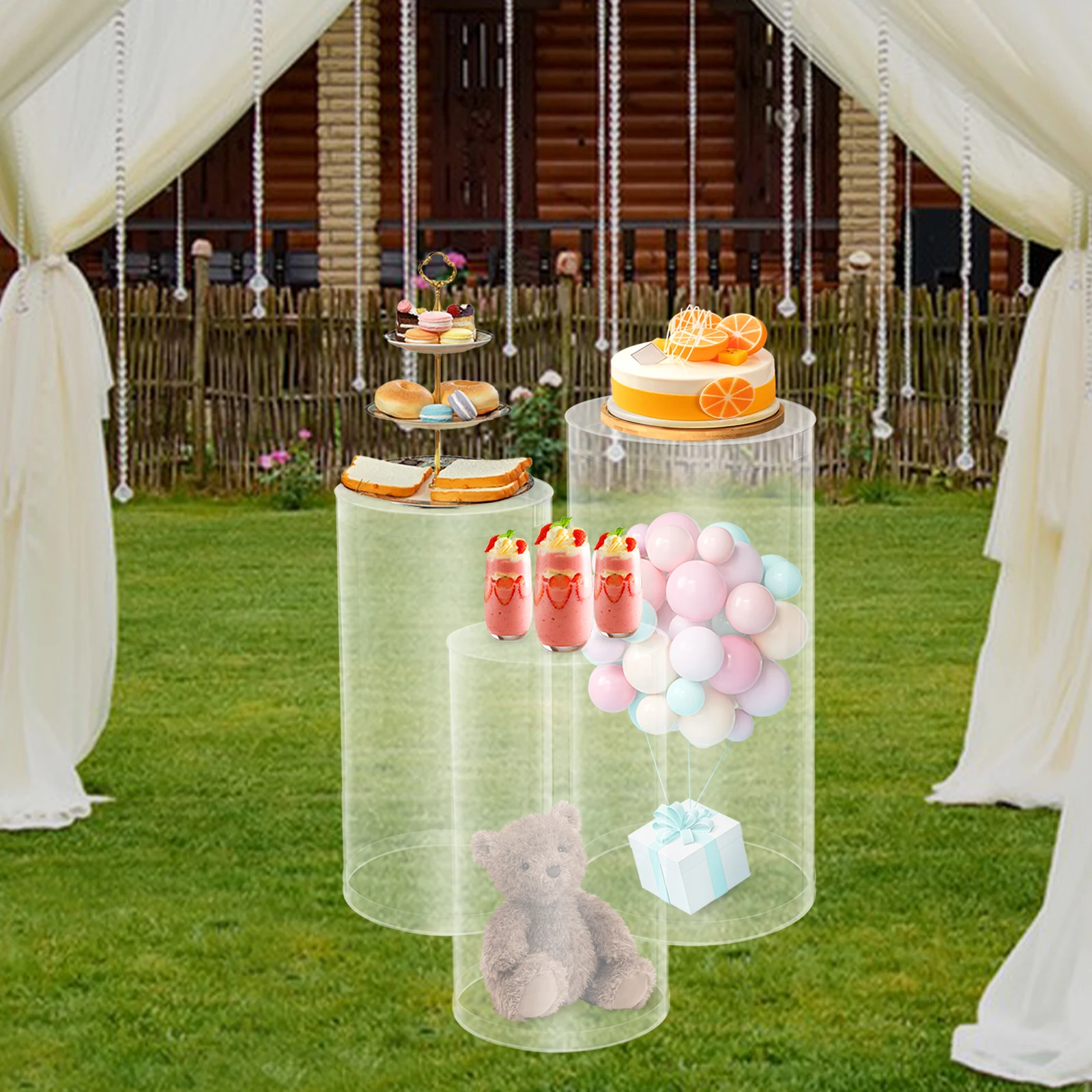 

3 Pieces (60-90cm) Wedding Transparent Cylindrical Flower Stand High Load-bearing Display Stand Banquet Cake Display Base