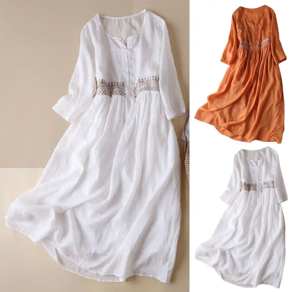 Cotton Casual Dress Loose Fit Summer Dress Ethnic Style Embroidered Midi Dress Women's High Waist A-line Long Sleeve Double