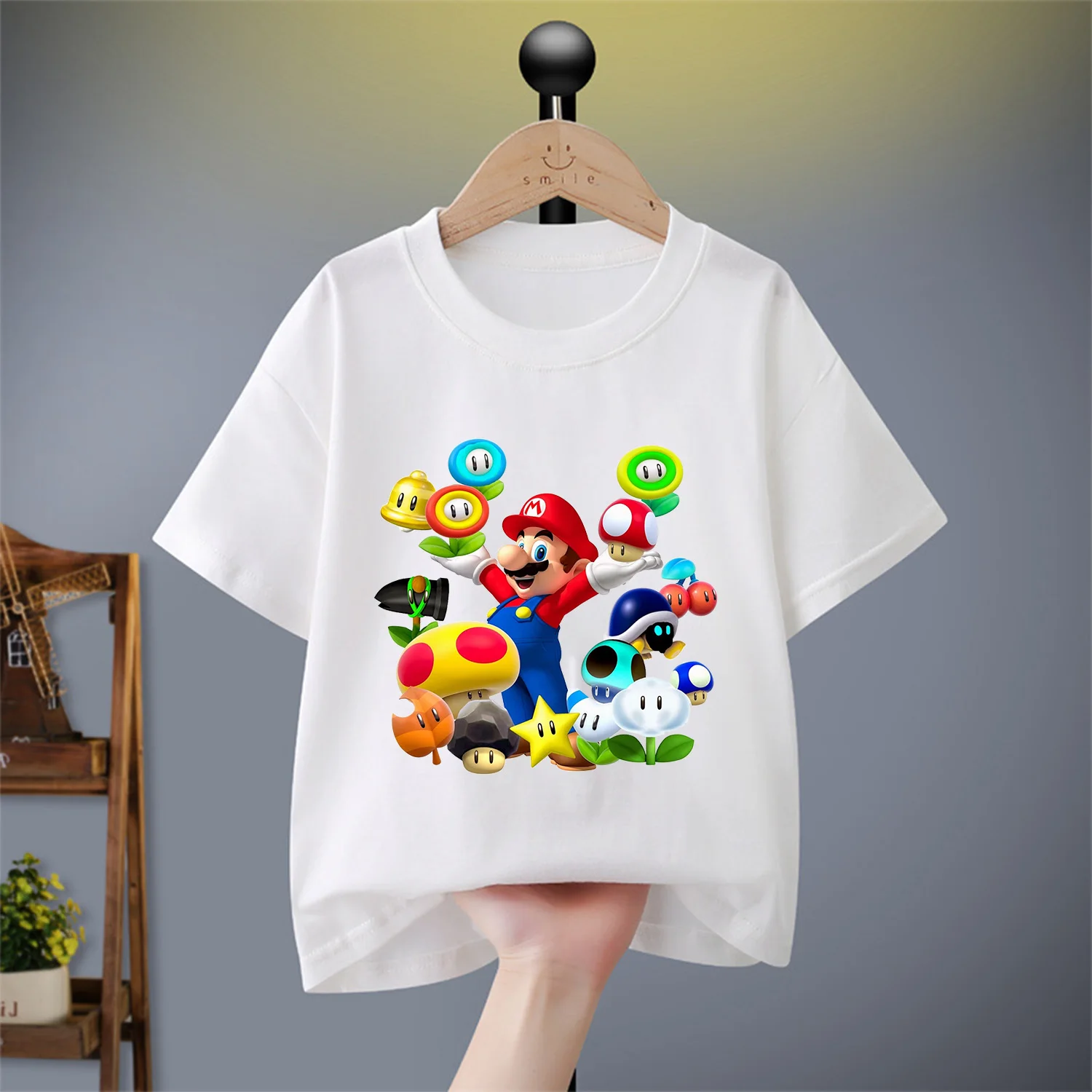 Camiseta de algodón de Super Mario Bros para niños, ropa de dibujos animados, figura de juego de moda, ropa blanca y negra, Tops, camiseta de verano