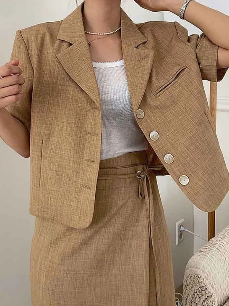 Women\'s Spring Summer Blazer Matching Sets Single Breasted Jacket Top with Lacing Up Long Pencil Skirts Suits
