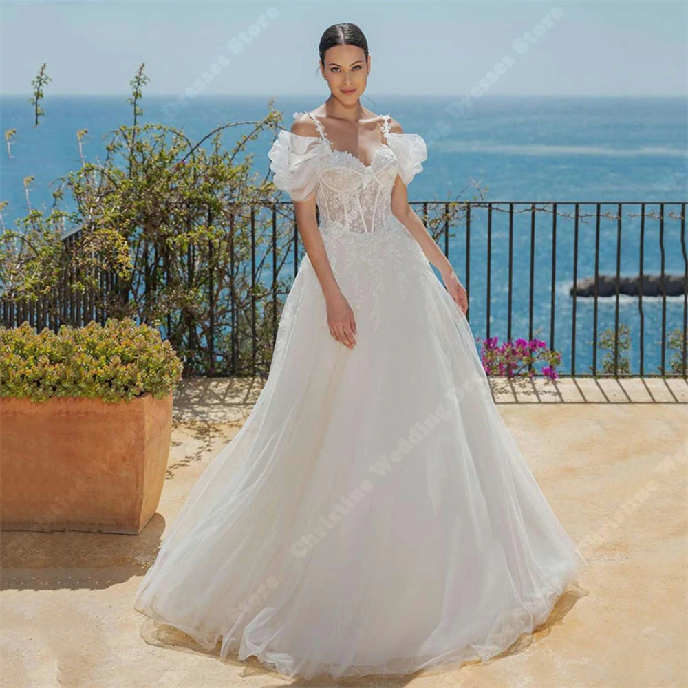 

Elegant Deep-V Neck Women Wedding Dresses Sexy Tulle A-Line Bridal Gowns Mopping Length Sleeveless Princess Vestidos De Novias