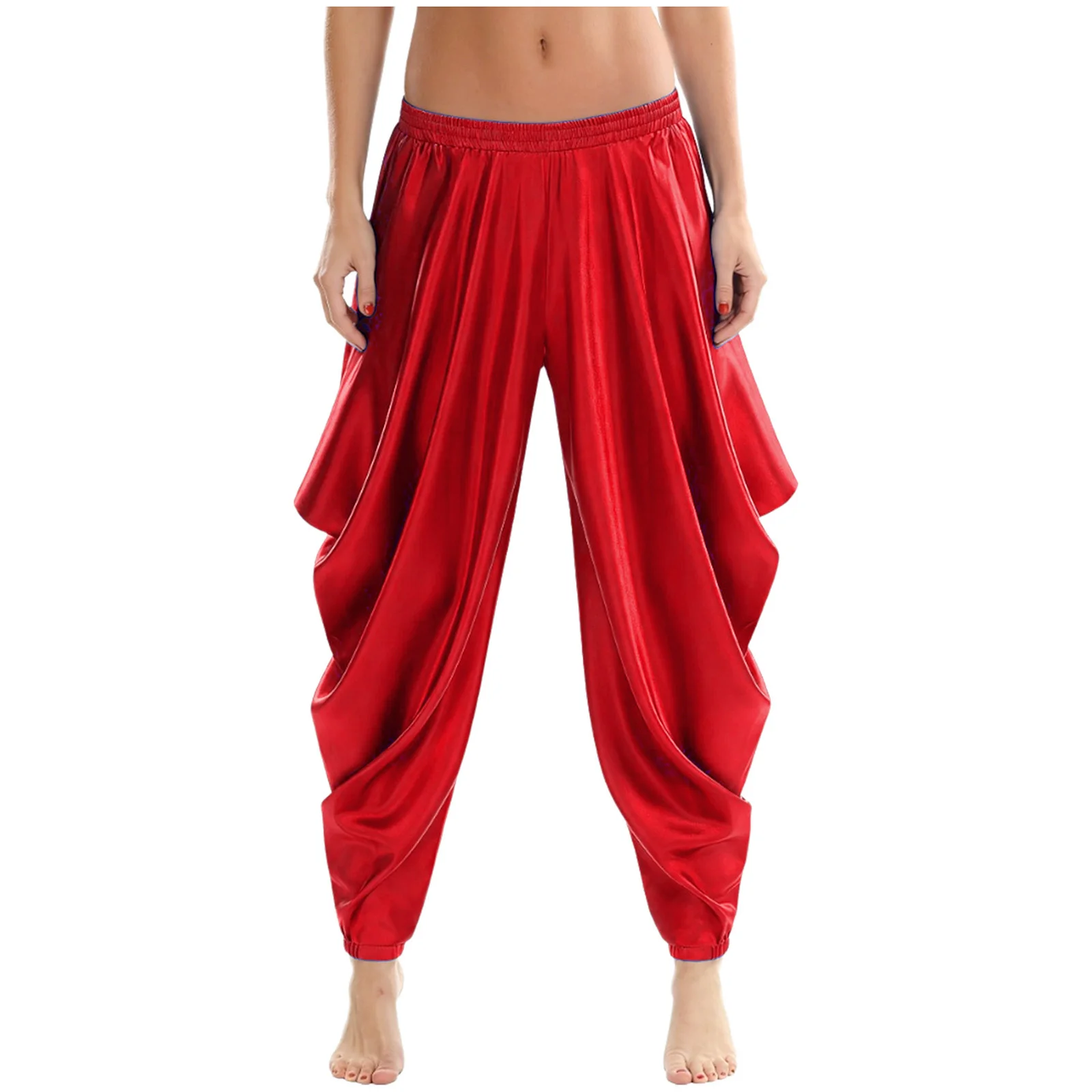 

Women Arab Indian Princess Harem Pants Elastic Waistband Satiny Loose Trousers for Halloween Cosplay And Daily Fashion Wear