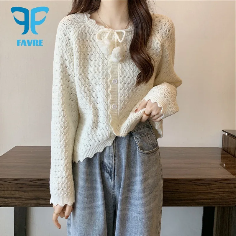 

FAVRE Spring New Cardigans Sweaters Women O-Neck Knitted Cardigan Crop Tops Korean Style Sweater Hair Ball Knot Cardigan