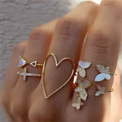 Vintage Korean Gold Silver Color Pearl Rings Set Jewelry For Girls Butterfly Hollow Heart Ring For Women Accessories