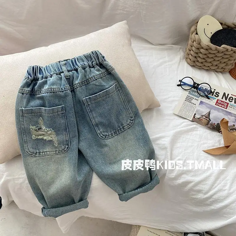 1-7Yrs Kids Boys Hole Pants Spring Autumn Baby Jeans 2024 New Children\'s Ripped Jeans Pants Boys KoreanTrousers Baby Girl Pants