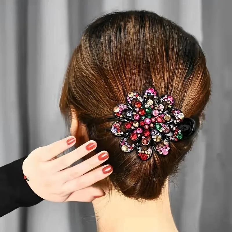 1pcs Flower Hair Clip Crystal Rhinestone- Fancy Ponytail Barrette Elegant Hair Clip for Women