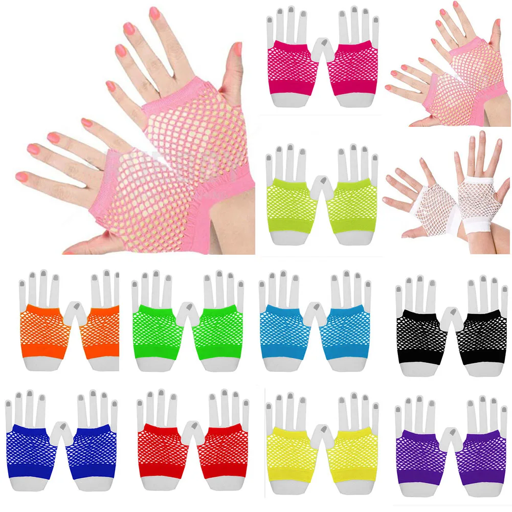 New 12 Fluorescent Color Beauty Sexy Gilrs Short Fishnet Gloves Fingerless Net Gloves Party Gloves Neon Bride Gloves Wholesale