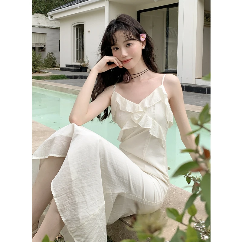 

Новинка 2024, летнее однотонное платье с оборками в стиле «Первая любовь» на бретелях, маленькое платье с белыми цветами и подтяжками «рыбий хвост»