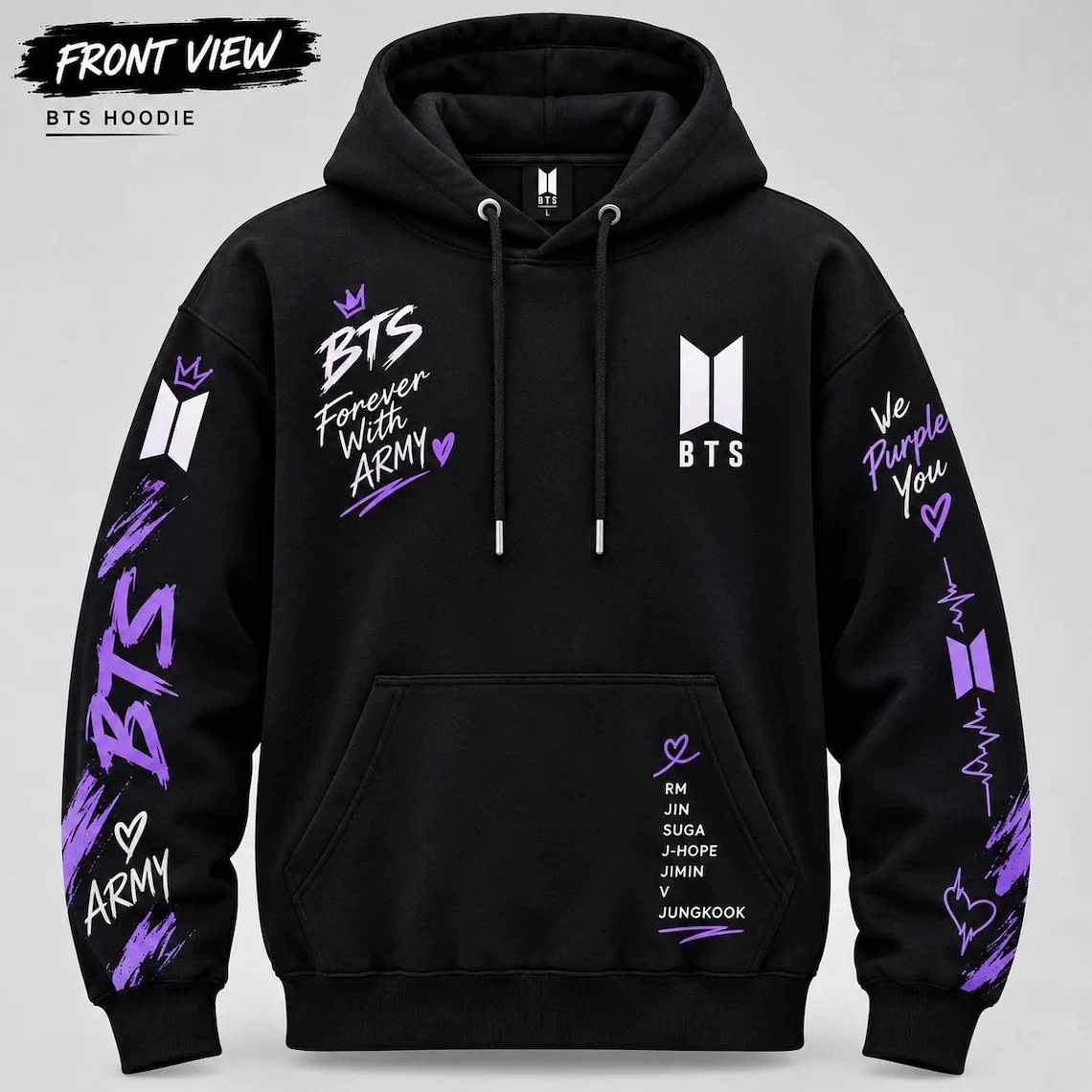 2026 BTS Doppelseitiger Hoodie Lila Graffiti-Logo Mitgliedernamen Ärmel-Print Kpop ARMY Fans Damen- und Herren-Pullover-Sweatshirt – Detail 2