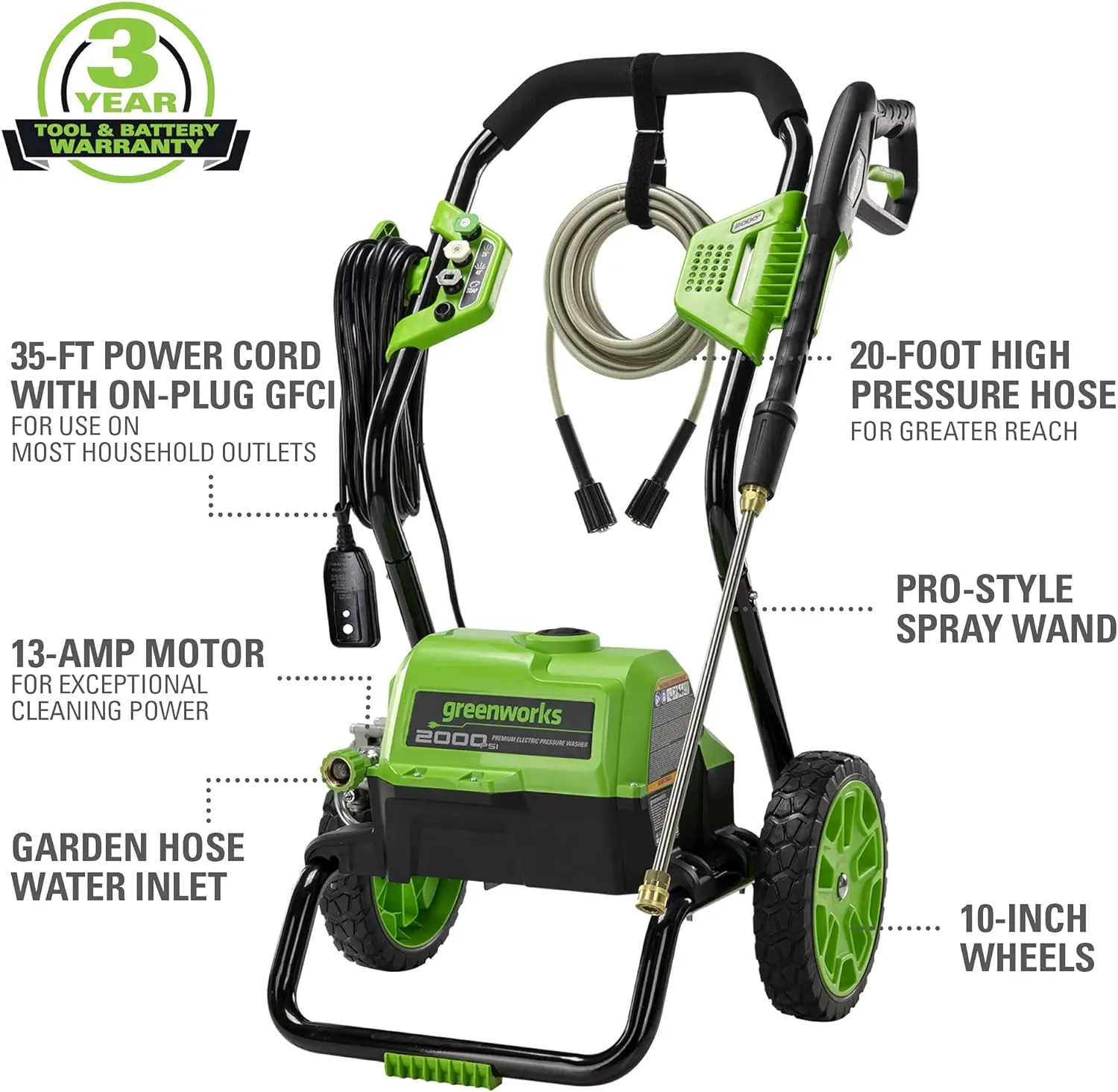 Greenworks 2000 Max PSI @ 1.1 GPM (13 Amp) Electric Pressure Washer (Black Frame) PWMA Certified, Green