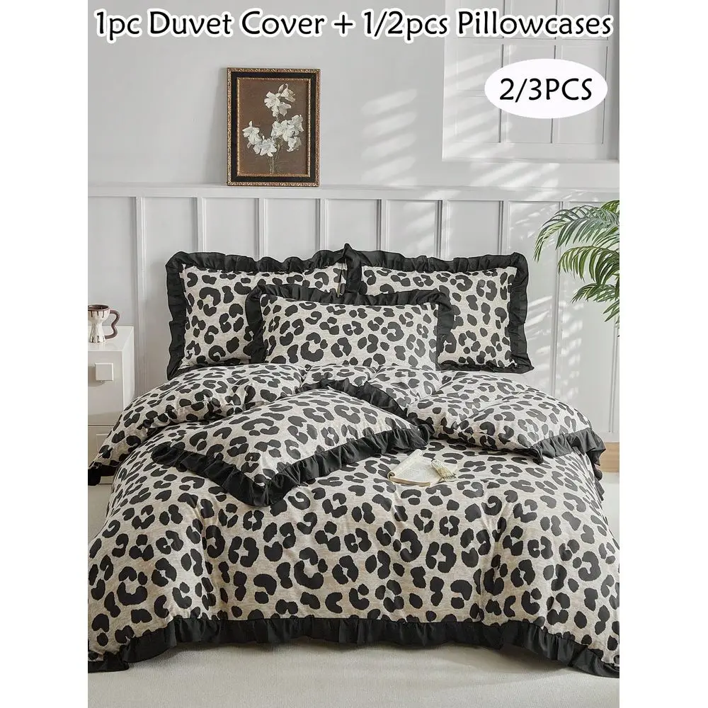 

3pcs Leopard Print Polyester Duvet Cover Set With Ruffle, Fashion Personalized Bedding Set Suitable For Bedroom, Guest Room, Al