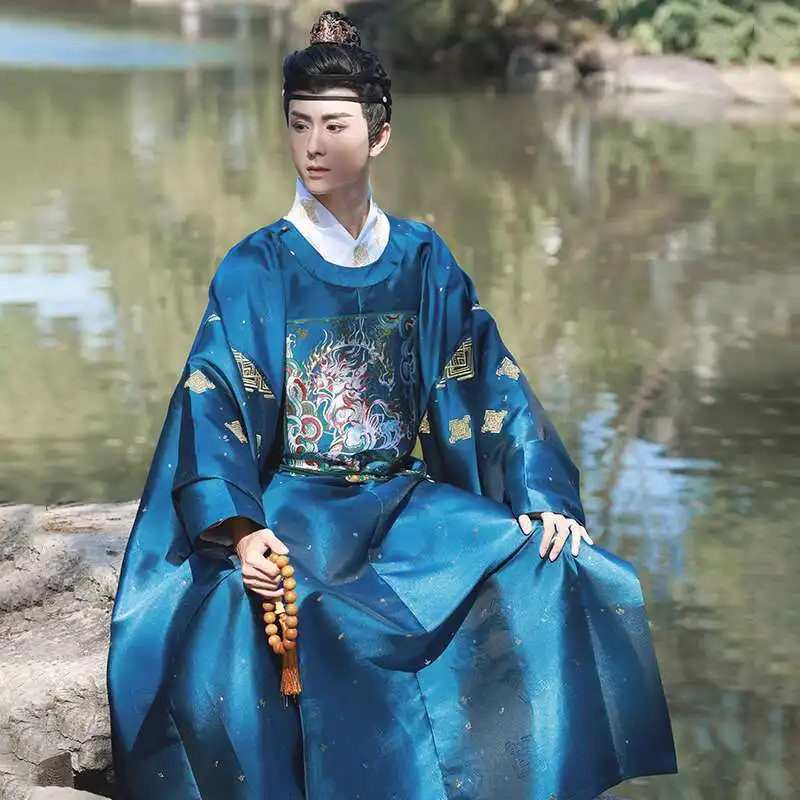 Chaos | Dreamlike Nishang Hanfu Men's Round Neck Robe Dark Pattern Weaving Gold Craftsmanship Blue Medium Long Style Spring And