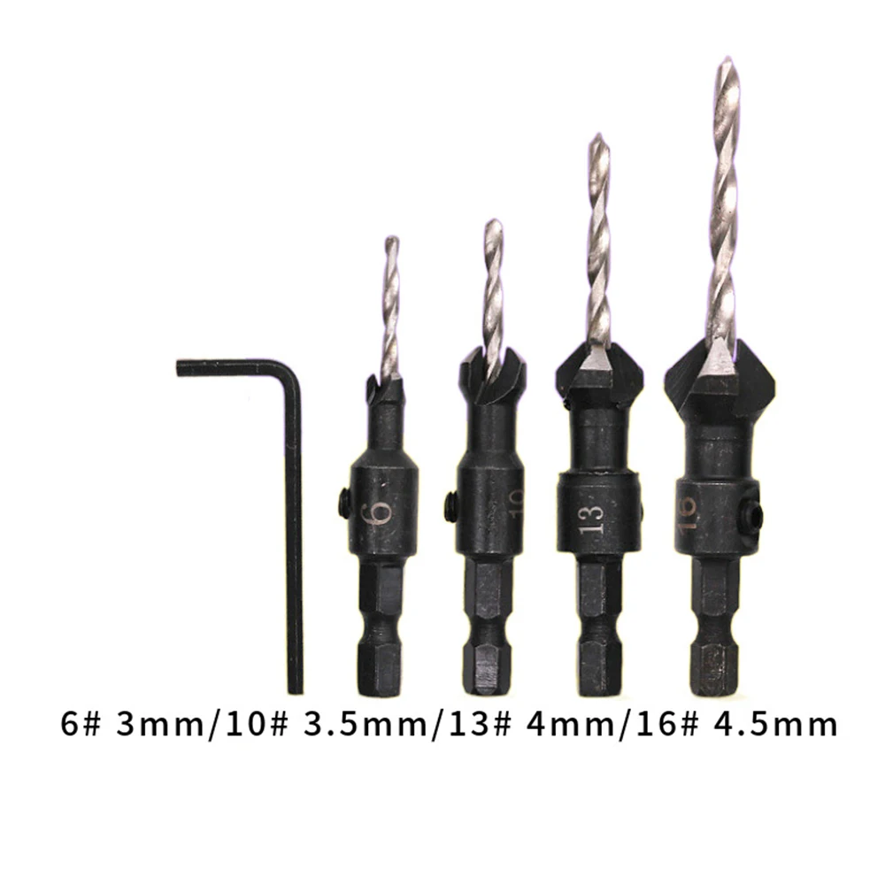 

4PCS Woodworking Countersunk Head Drill And Chamfering One Piece Hexagonal Handle Countersunk Fried Dough Twist Drill