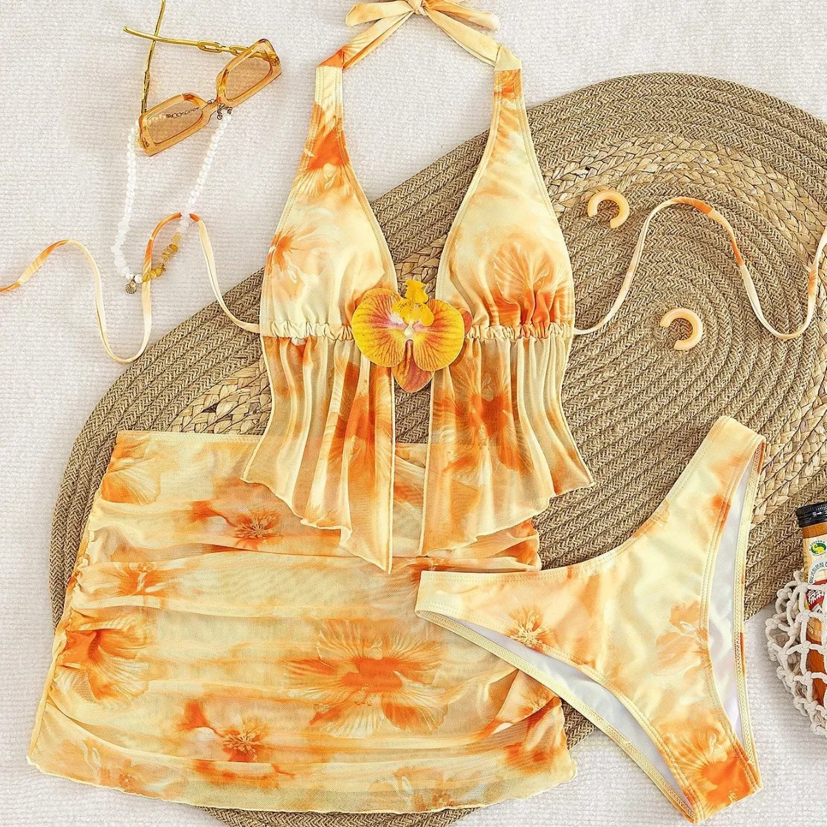 Women 3Pcs Floral Bikini Set Flower Print Halter Mesh Ruffle Top 3D Flower Bikinis Cover Up Skirt Beach Swimwear Bathing Suit